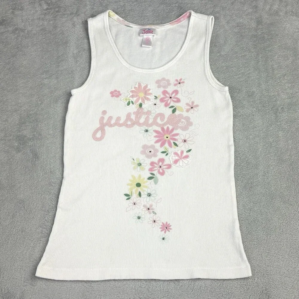 Vintage Y2K Justice Ribbed Tank Girl M White Graphic Floral Logo Bling Kawaii
